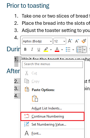 Right click menu Continue Numbering